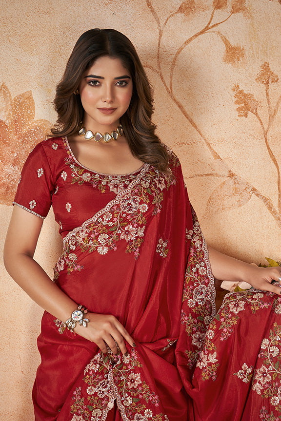 Red Silk Embroidered Saree with Unstitched Blouse