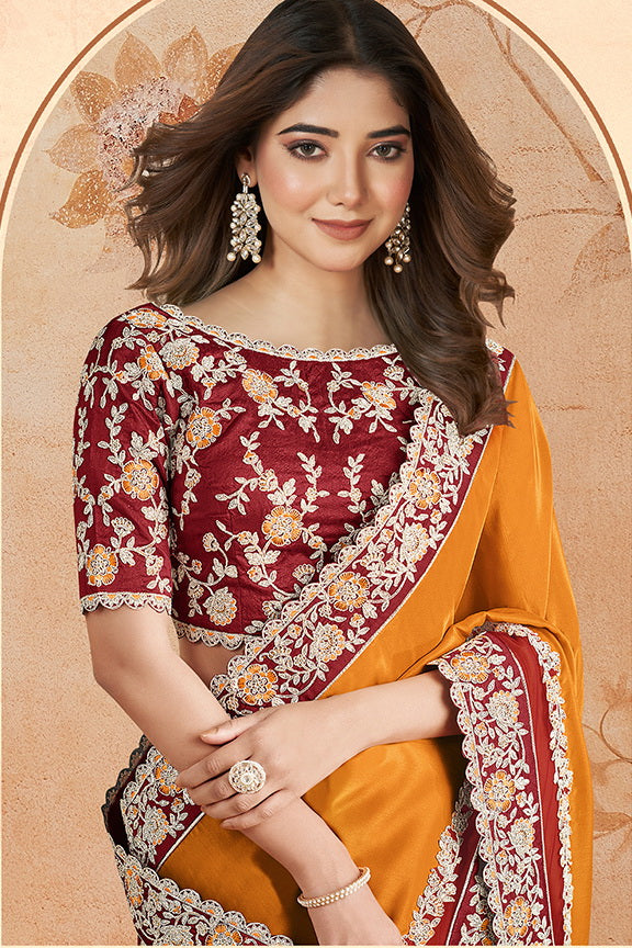 Orange Georgette Silk Embroidered Saree with Unstitched Blouse