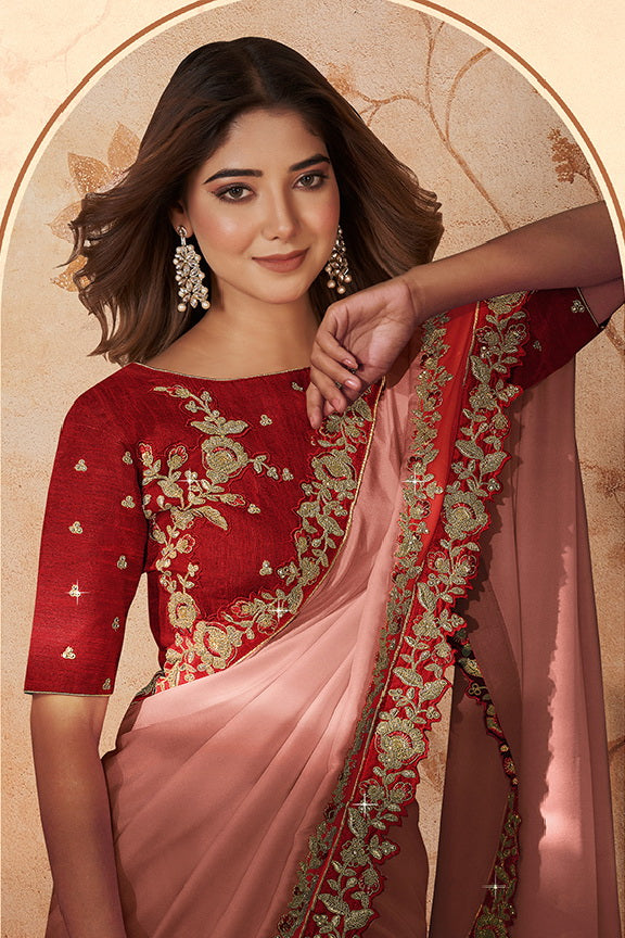 Peach Silk Georgette Embroidered Saree with Unstitched Blouse