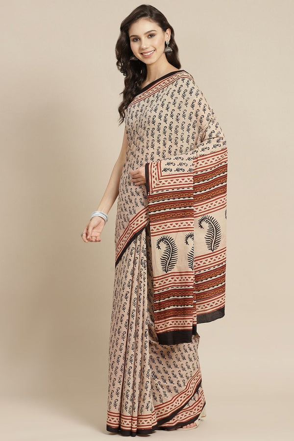 Women's Brown Cotton Mulmul Bagru Hand Block Saree - Juniper