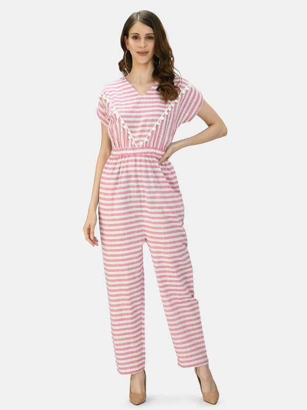 Women's Pink Cotton Printed Short Sleeve Round Neck Casual Jumpsuit - Myshka