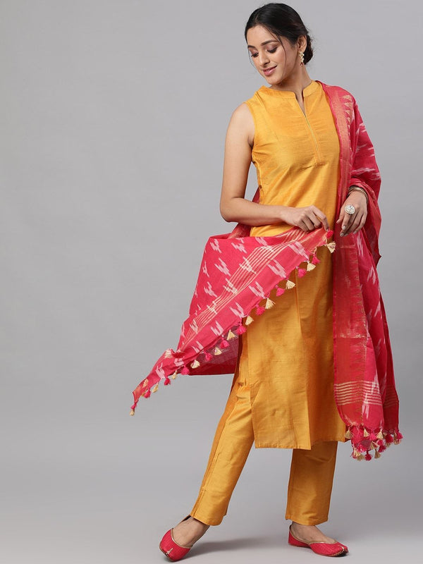 Women's  Mustard Kurta Set with Dupatta-AKS