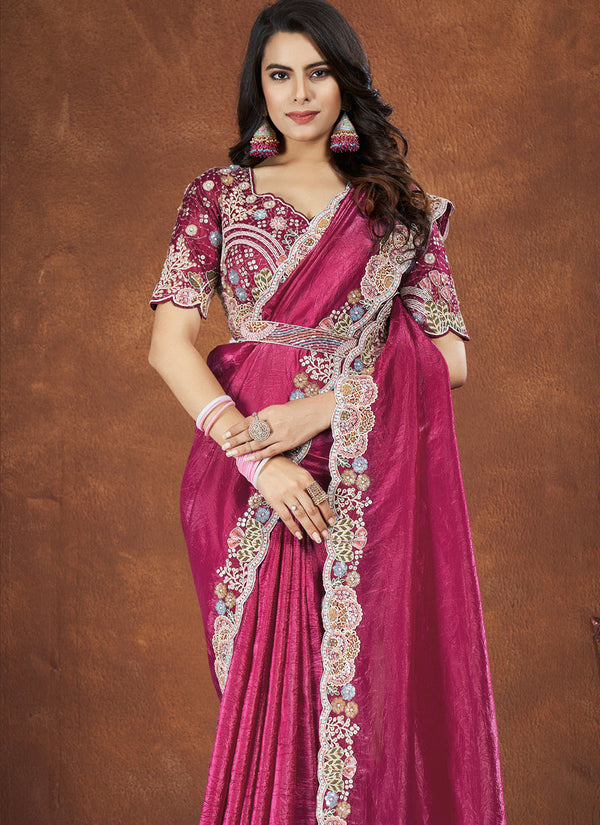 Pink Banarsi Crush Silk Embroidered Saree with stitched Blouse