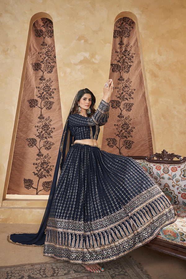 Women's Navy Georgette Pigment Foil Lehenga Set - Shubhkala