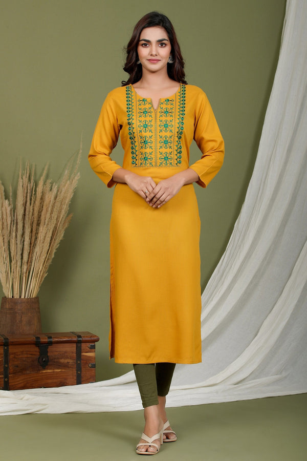 Women's Mustard Embroidered Kurta - Yufta