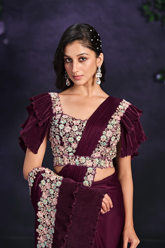 Wine Crepe Satin Silk Embroidered Ready to Wear Saree with Stitched Blouse