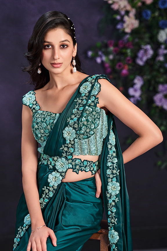 Sea Green Crepe Satin Silk Embroidered Ready to Wear Saree with Stitched Blouse