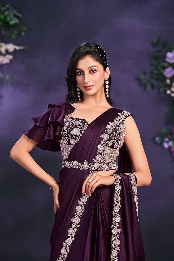 Purple Crape Satin Silk Embroidered Ready to Wear Saree with Stitched Blouse