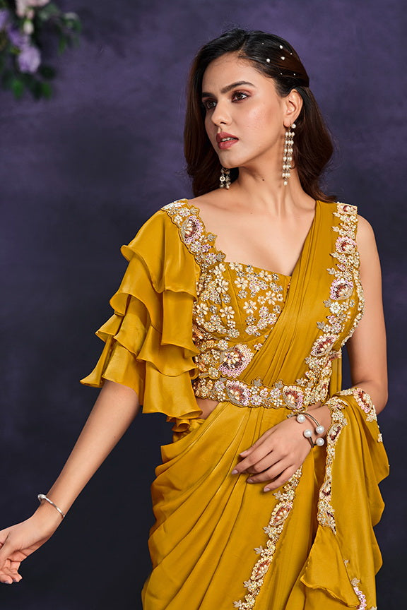 Mustard Crape Satin Silk Embroidered Ready to Wear Saree with Stitched Blouse