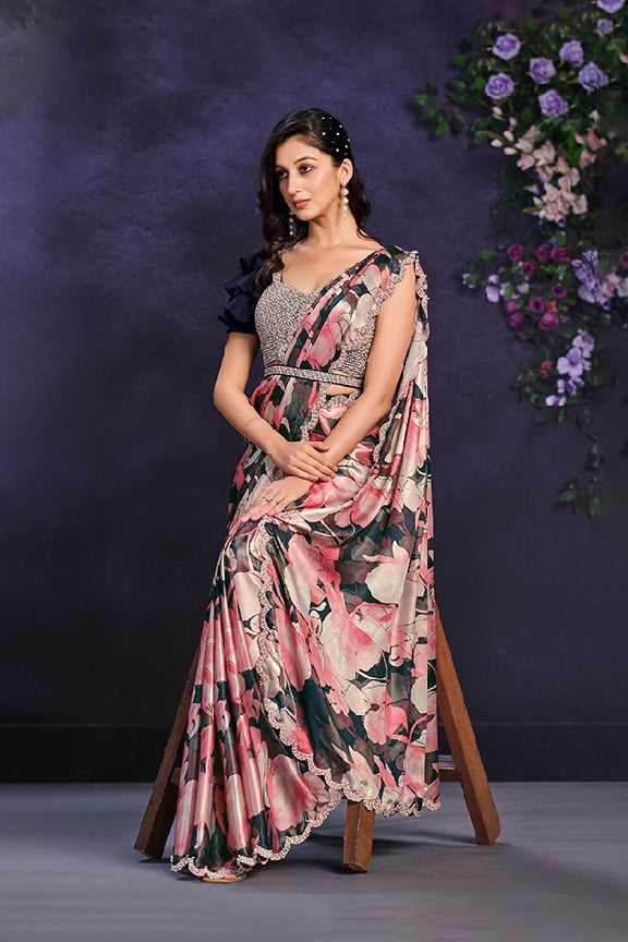 Pink Satin Silk Embroidered Ready to Wear Saree with Stitched Blouse