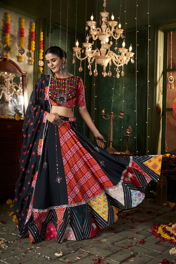 Women's Black Maslin Cotton Printed Lehenga Set - Shubhkala