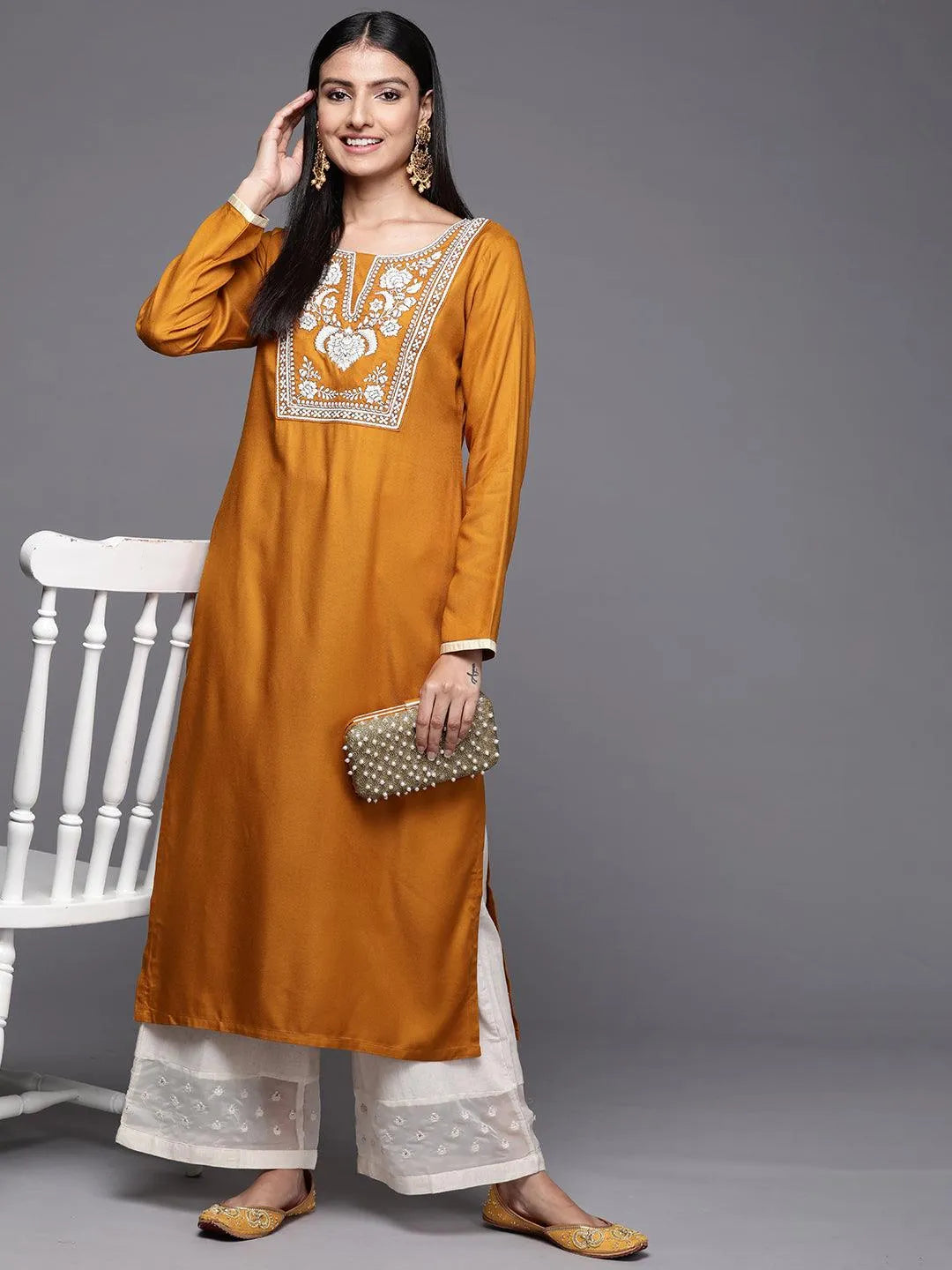 Mustard Embroidered Pashmina Wool Straight Kurta - Jashvi