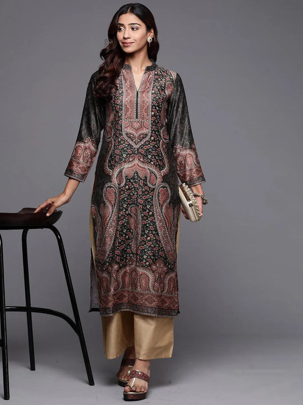 Olive Printed Velvet Straight Kurta - Jashvi