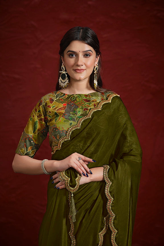 Green Natural Crepe Georgette Silk Sequence with Handwork Saree with Stitched Blouse