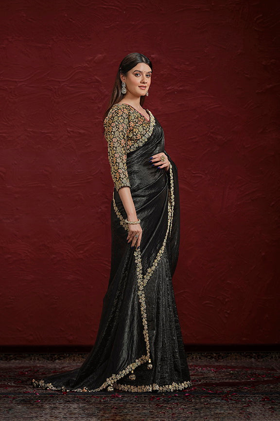 Black Crush Paper Silk Moti with Handwork Saree with Stitched Blouse