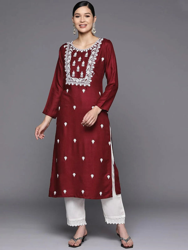 Maroon Embroidered Wool Straight Kurta - Jashvi