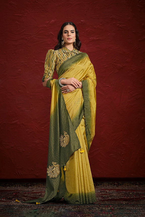 Mustard & Green Dolla Silk Crinkle/Upada Silk Pure hand with moti work Saree with Stitched Blouse