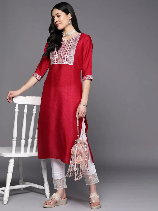 Fuchsia Yoke Design Silk Straight Kurta