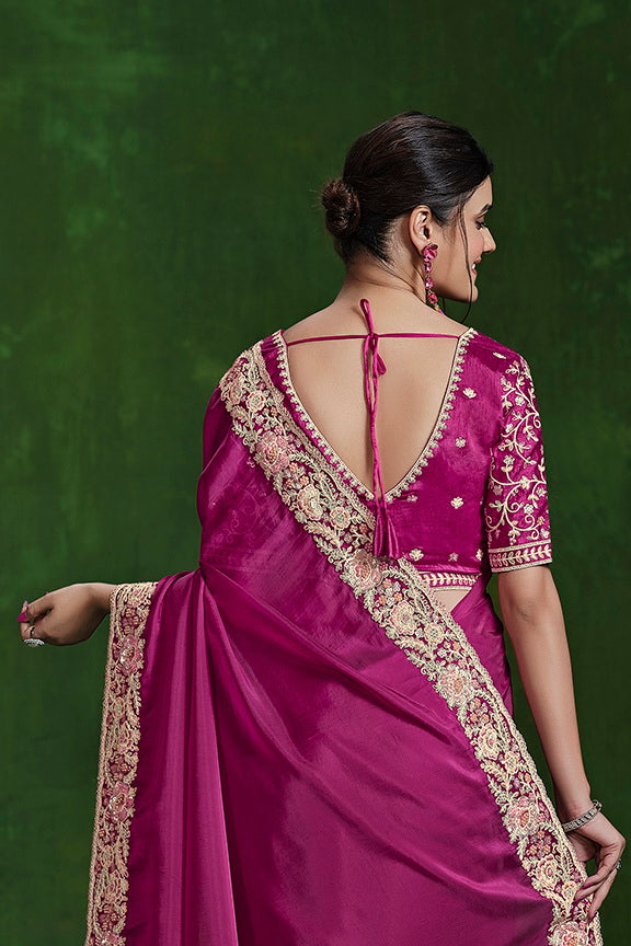 Pink Habotai Silk Sequence with Handwork Saree with Stitched Blouse