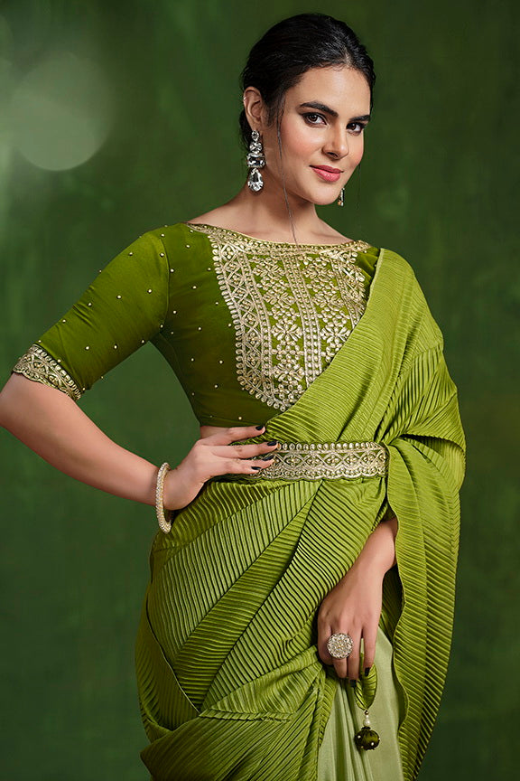 Green Crepe Silk Georgette Zari & Stone Work/ Texture Pallu  Saree with Stitched Blouse