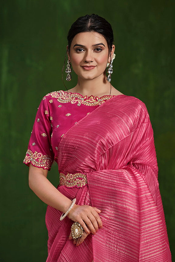 Pink Banarasi Crush Silk Sequence Thread & Stone Work Saree with Stitched Blouse