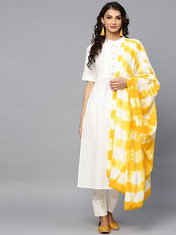 Women's  White & Yellow Solid Kurta with Trousers & Dupatta - AKS