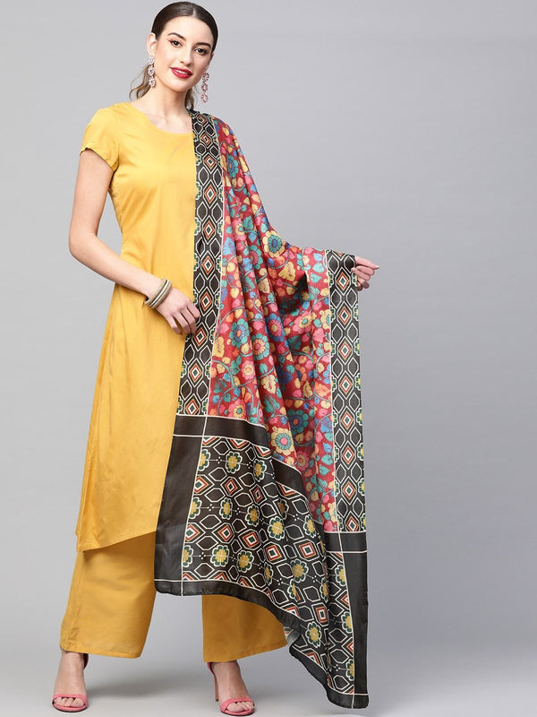 Women's  Mustard Yellow & Red Solid Kurta with Palazzos & Dupatta - AKS