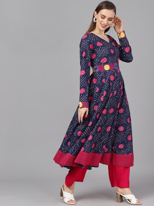 Women's  Navy Blue & Magenta Bandhani Printed Anarkali Kurta - AKS