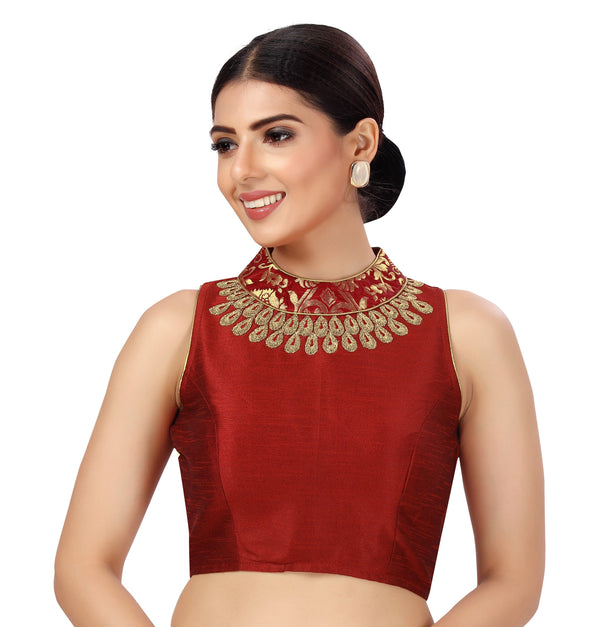 Women's Polyester Sleeveless Embroidered Saree Blouse with Brocade Collar. - Shringaar