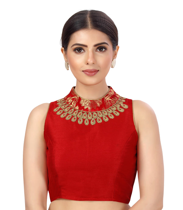 Women's Polyester Sleeveless Embroidered Saree Blouse with Brocade Collar. - Shringaar