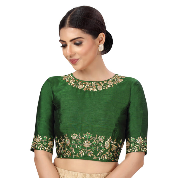 Women's Readymade Art Silk Embroidered Saree Blouse With Elbow Length Sleeves - Shringaar