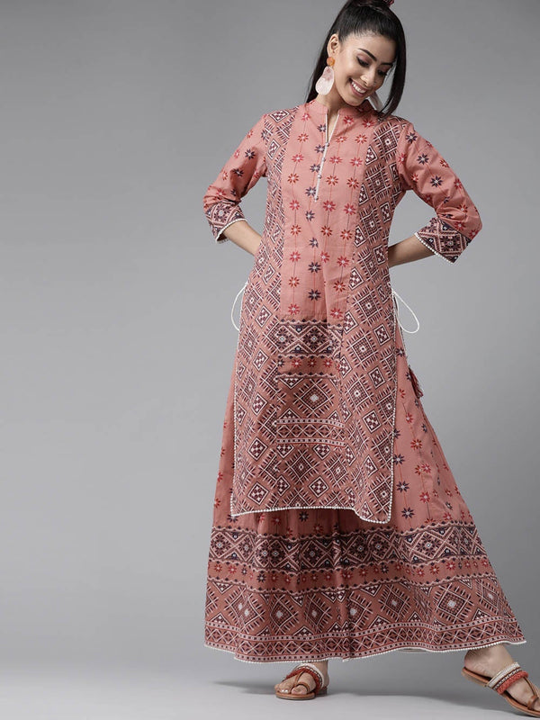 Jashvi Peach Geometric Printed Pure Cotton Kurta & Palazzo Set with Lace Work