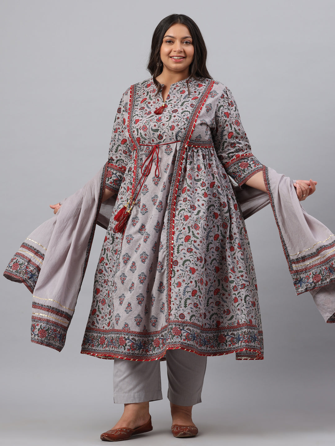 Women's Grey Cambric Fusion Wear Printed A-Line Kurta Sets - Juniper