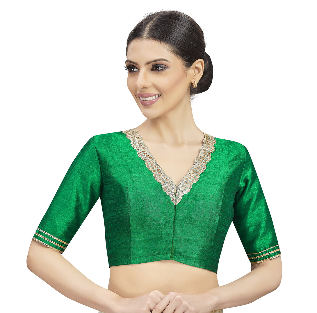 Women's Readymade Silky Saree Blouse With Embroidered Neckline. - Shringaar