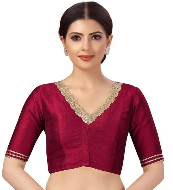 Women's Readymade Silky Saree Blouse With Embroidered Neckline. - Shringaar