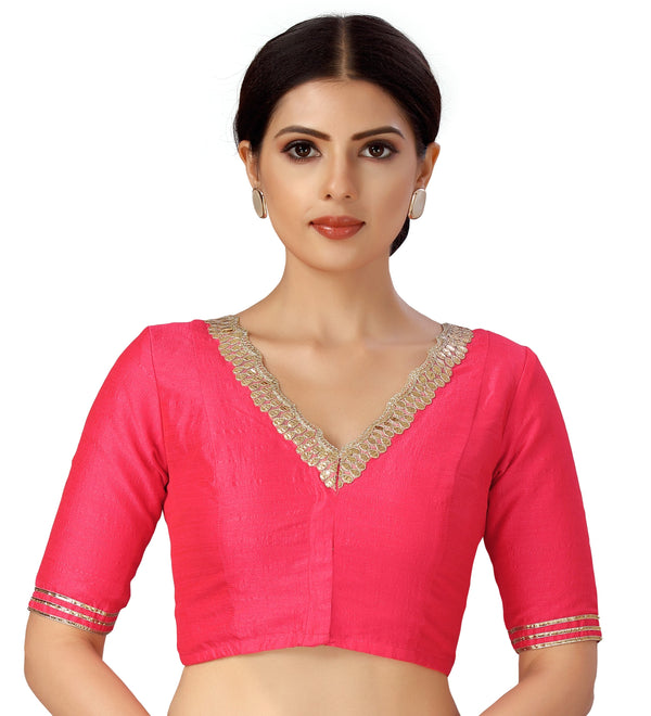 Women's Readymade Silky Saree Blouse With Embroidered Neckline. - Shringaar