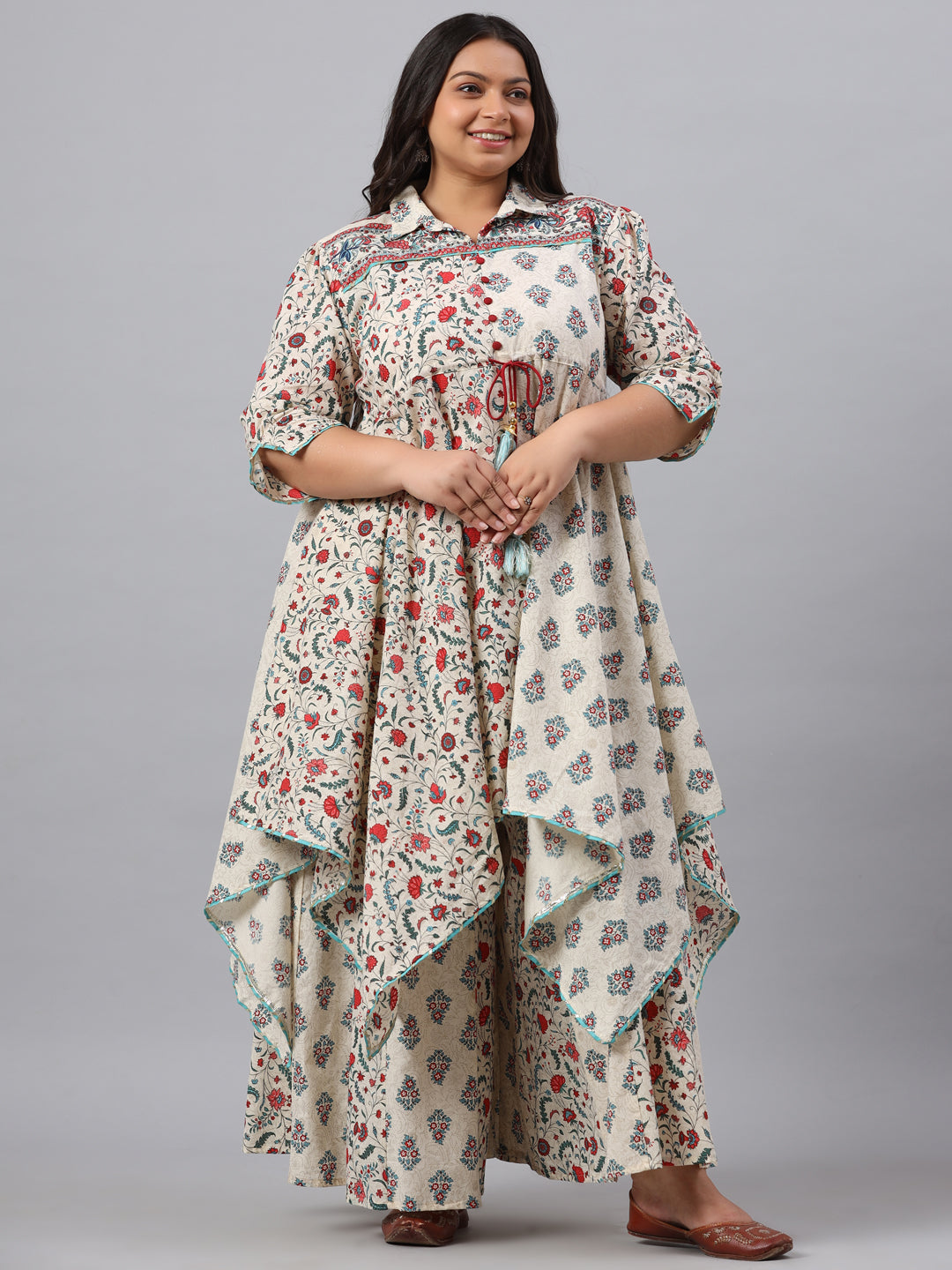 Women's Beige Cambric Fusion Wear Printed Asymmetric Kurta Sets - Juniper