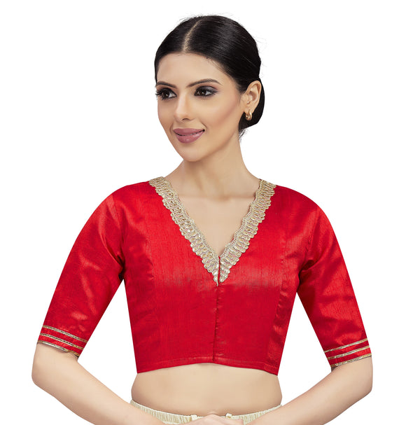 Women's Readymade Silky Saree Blouse With Embroidered Neckline. - Shringaar