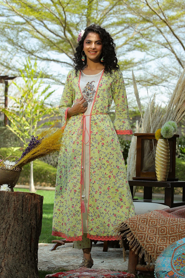 Jashvi Lime Green Floral Printed Cotton Lacy Jacket Style Kurta With Thread Work & Dori At Waist