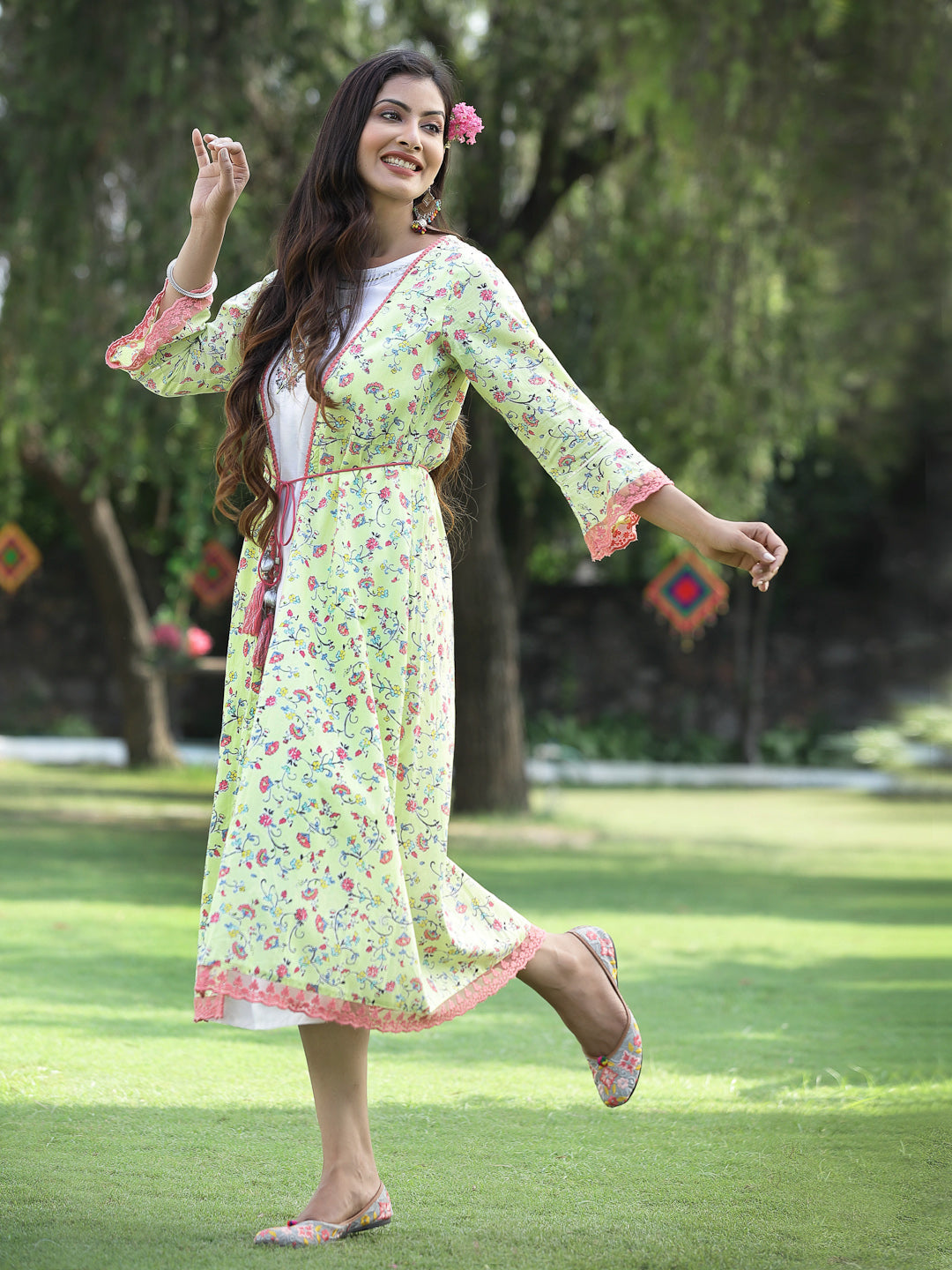 Women's Limegreen Cambric Embroidered & Printed Jacket Style Kurta - Juniper