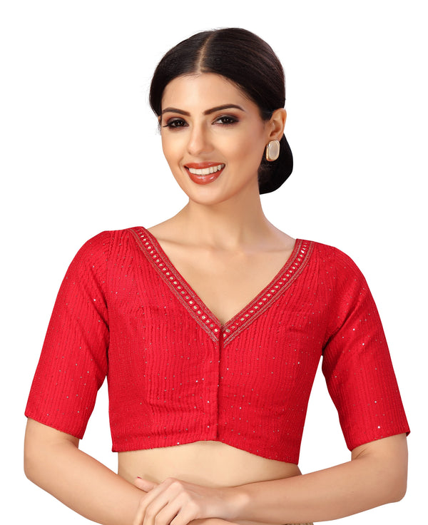 Women's Readymade Polyester Elbow Length Sleeves Saree Blouse With Mirror Work - Shringaar