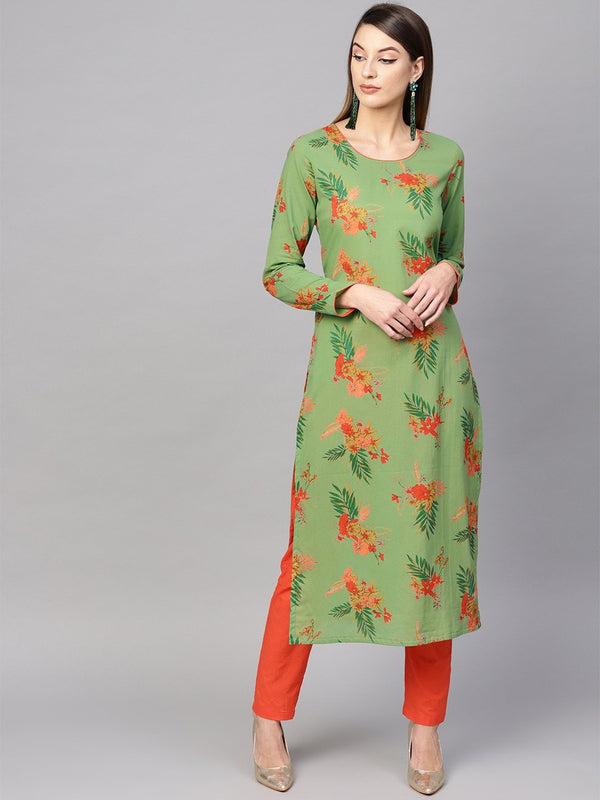 Women's  Green & Orange Floral Print Straight Kurta - AKS