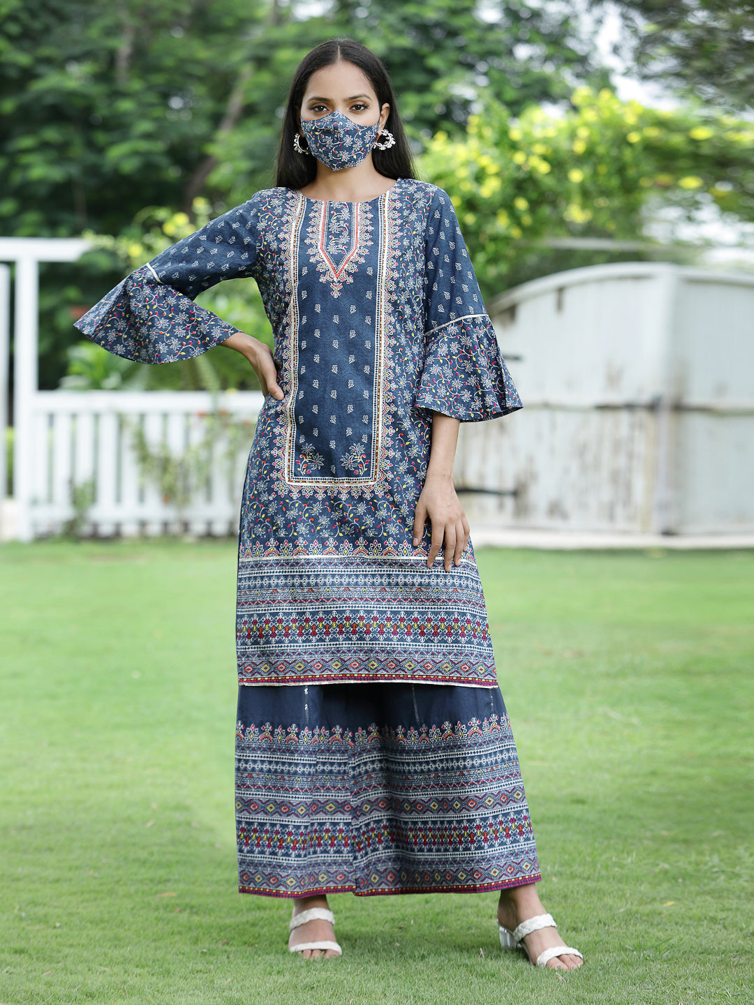 Women's Indigo Cambric Printed High-Low Kurta Sets - Juniper