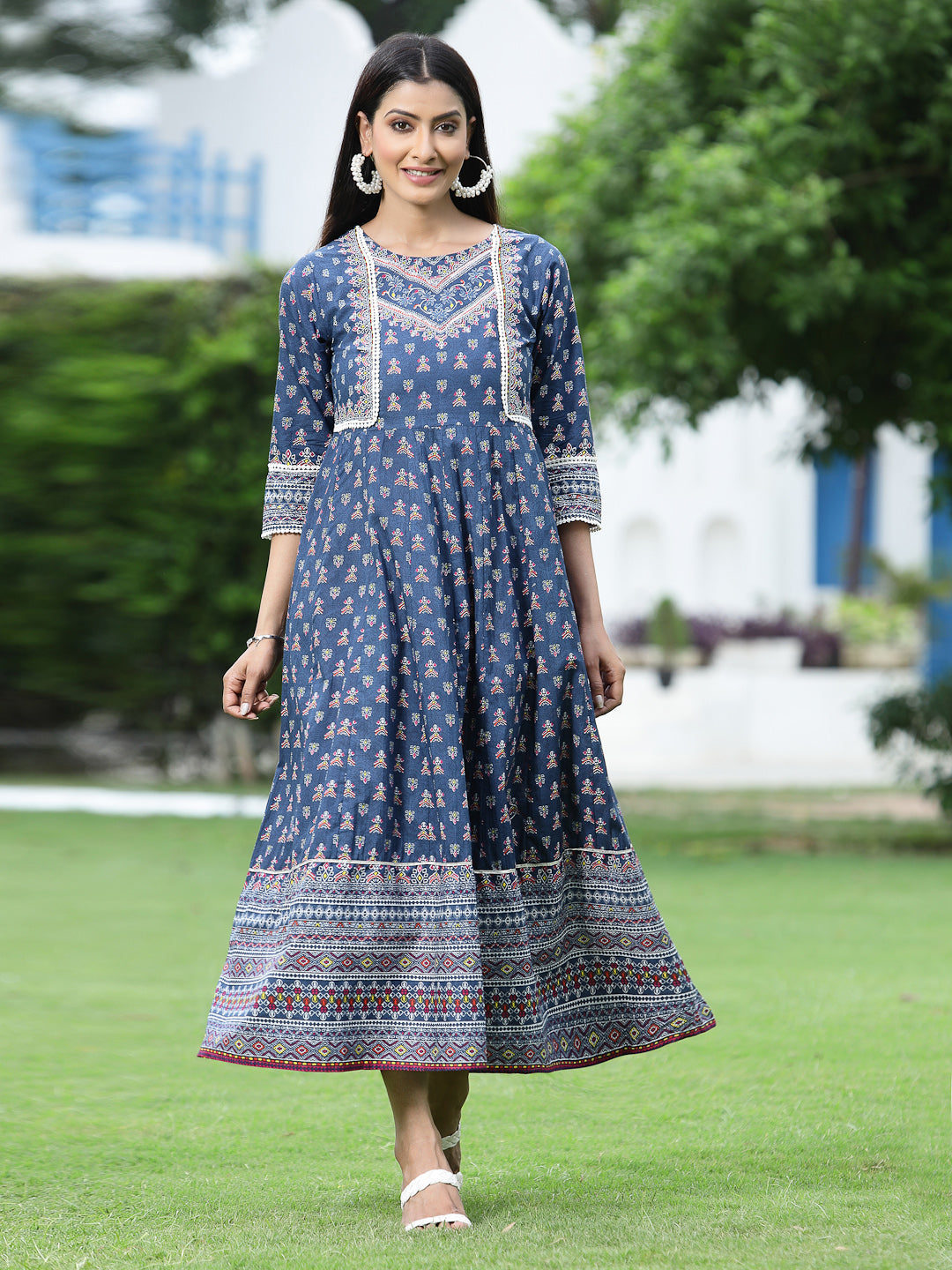 Women's Indigo Cambric Printed Anarkali Dress - Juniper