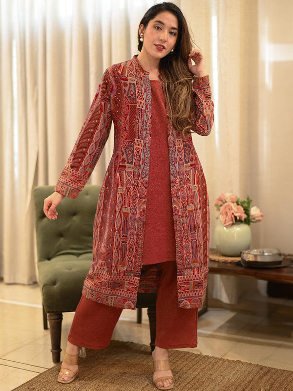 Rust Printed Wool Blend Straight Kurta With Trousers - Jashvi