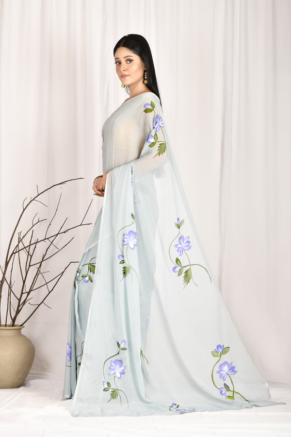 Women's Hand Painted Grey Saree With All-Over Vegetable Dyes With Blouse - Saras The Label