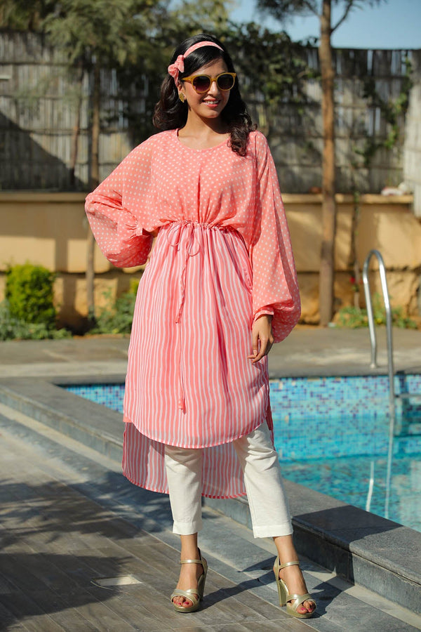 Jashvi Peach Stripes Printed  Georgette High-Low Tunic & Inner With Drawstring At Waist