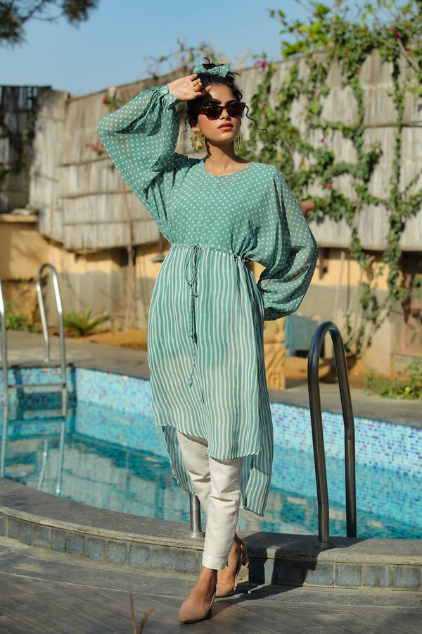 Jashvi Sage Green Stripes Printed  Georgette High-Low Tunic & Inner With Drawstring At Waist