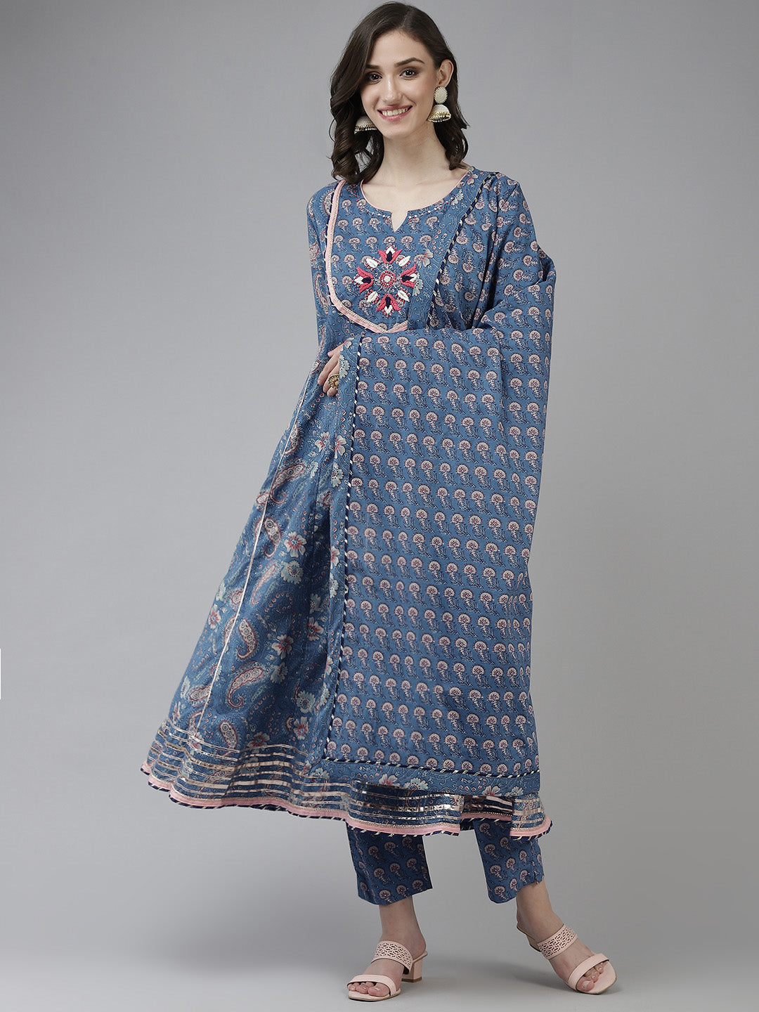 Women's Blue Cotton Thread Work Kurta With Trousers & Dupatta - Yufta