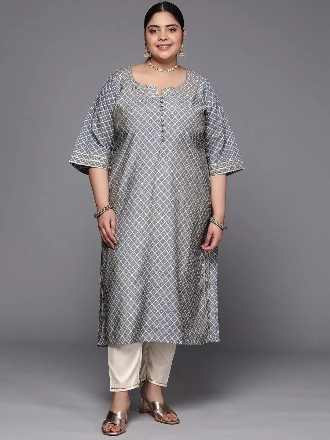 Plus Size Grey Printed Silk Straight Kurta - Jashvi